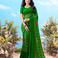 Green geometric printed georgette saree festive wear