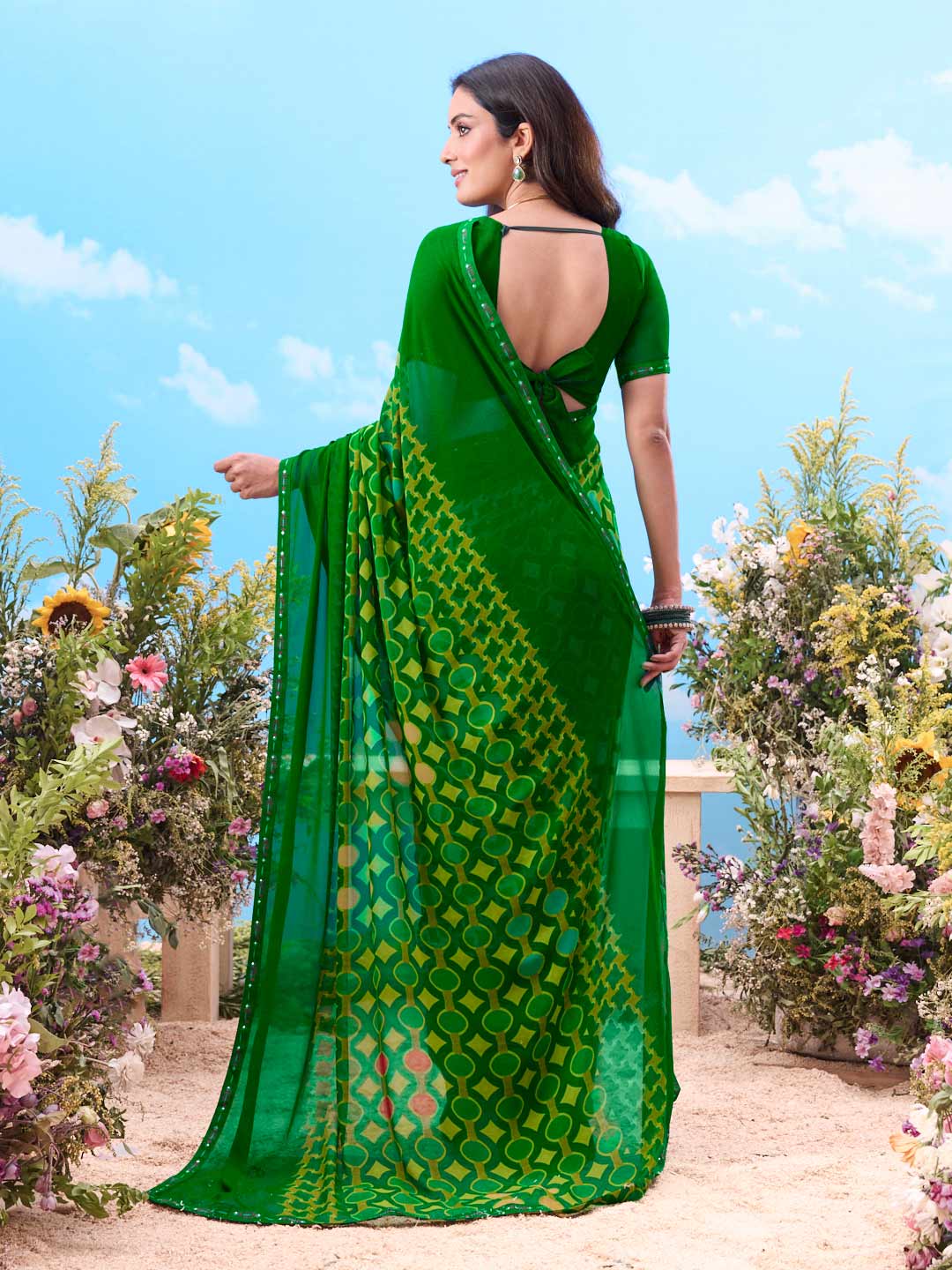 Green geometric printed georgette saree daily wear