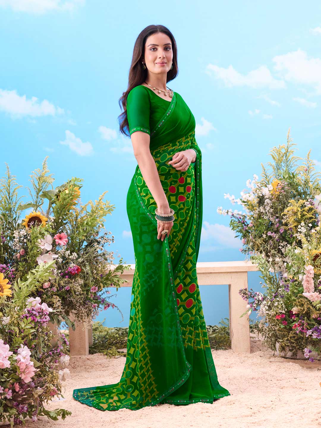 Green geometric printed georgette saree festive wear