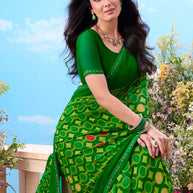  Green printed georgette saree party wear 
