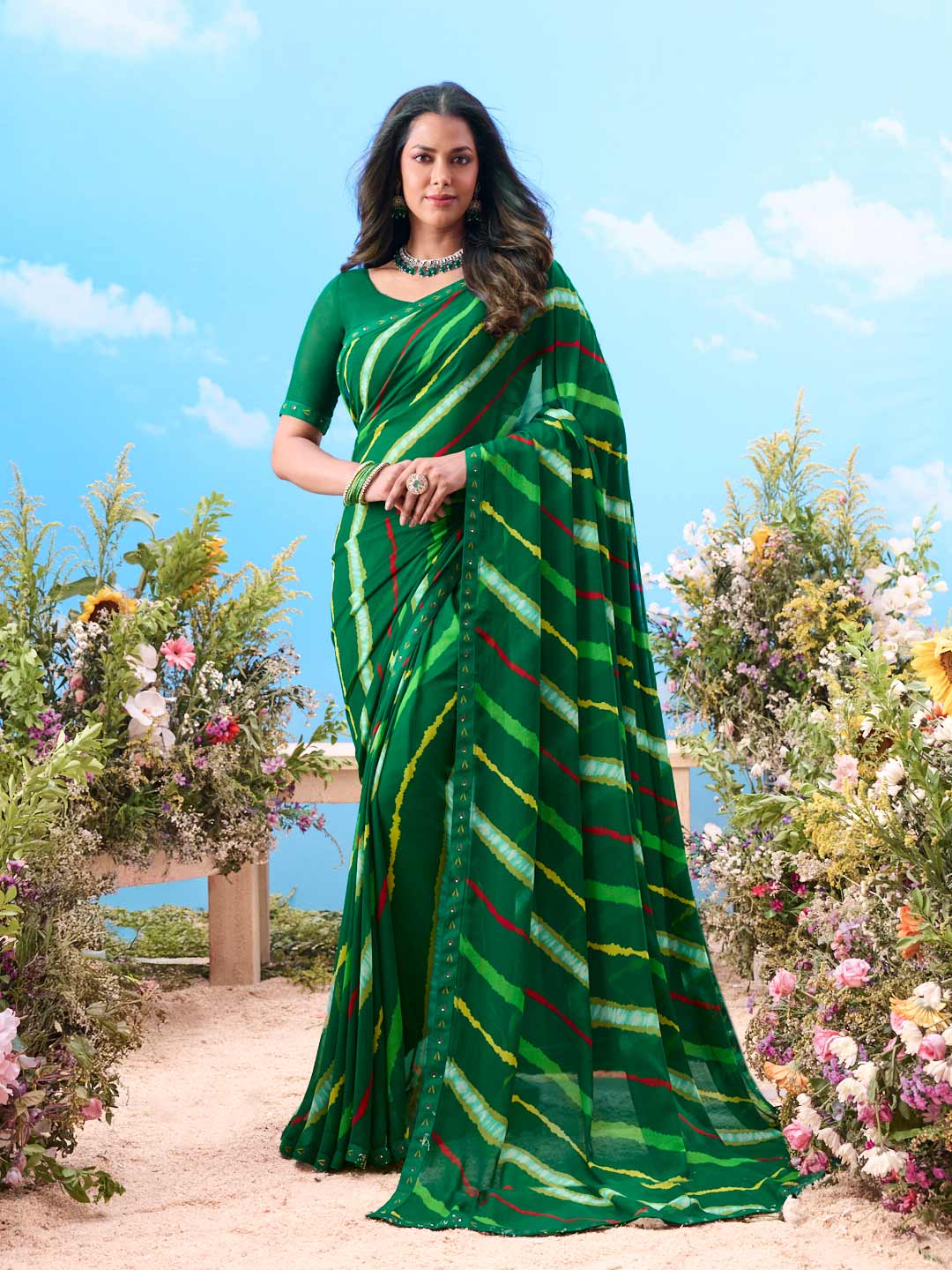 Green striped georgette saree festive wear 