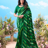 Green striped georgette saree festive wear 