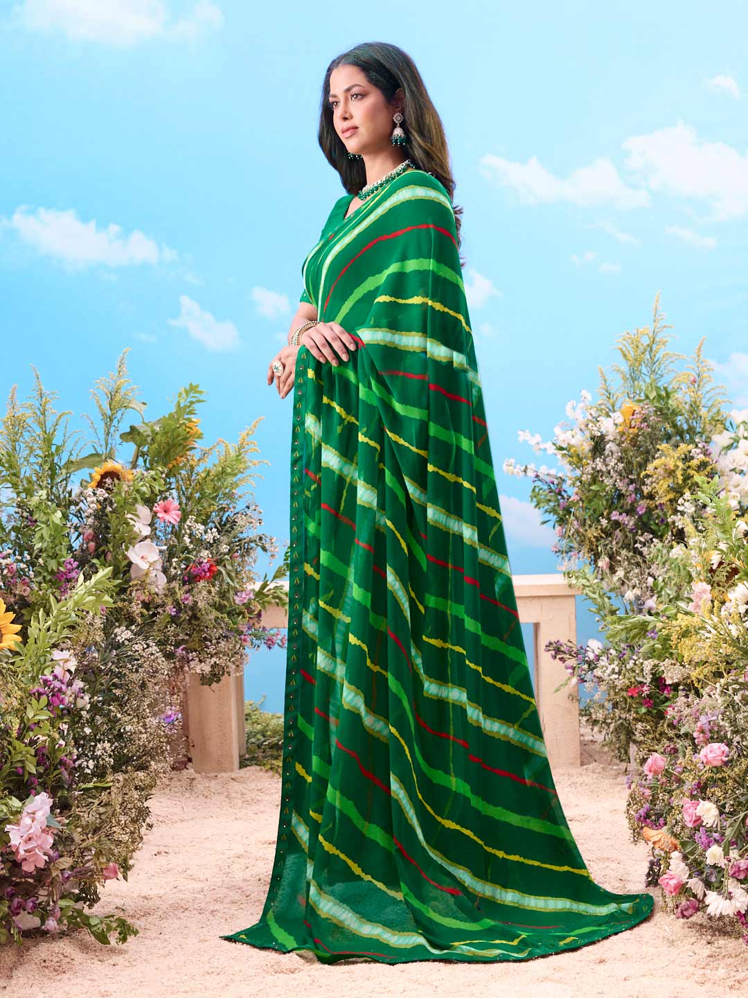  Green sequined striped georgette saree party wear 