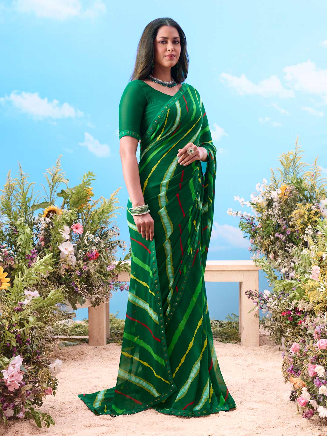 Green striped georgette saree party wear