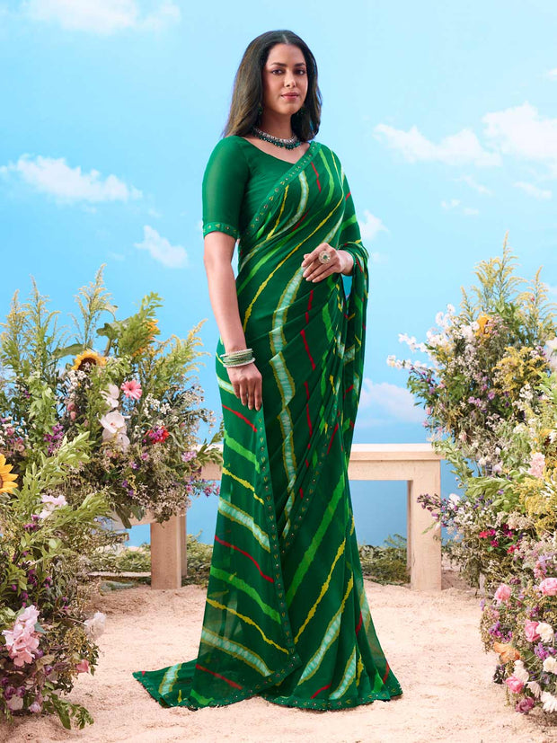 Green striped georgette saree party wear