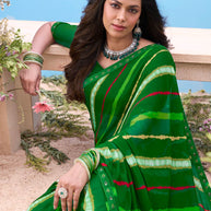 Green vibrant striped georgette saree festive wear 