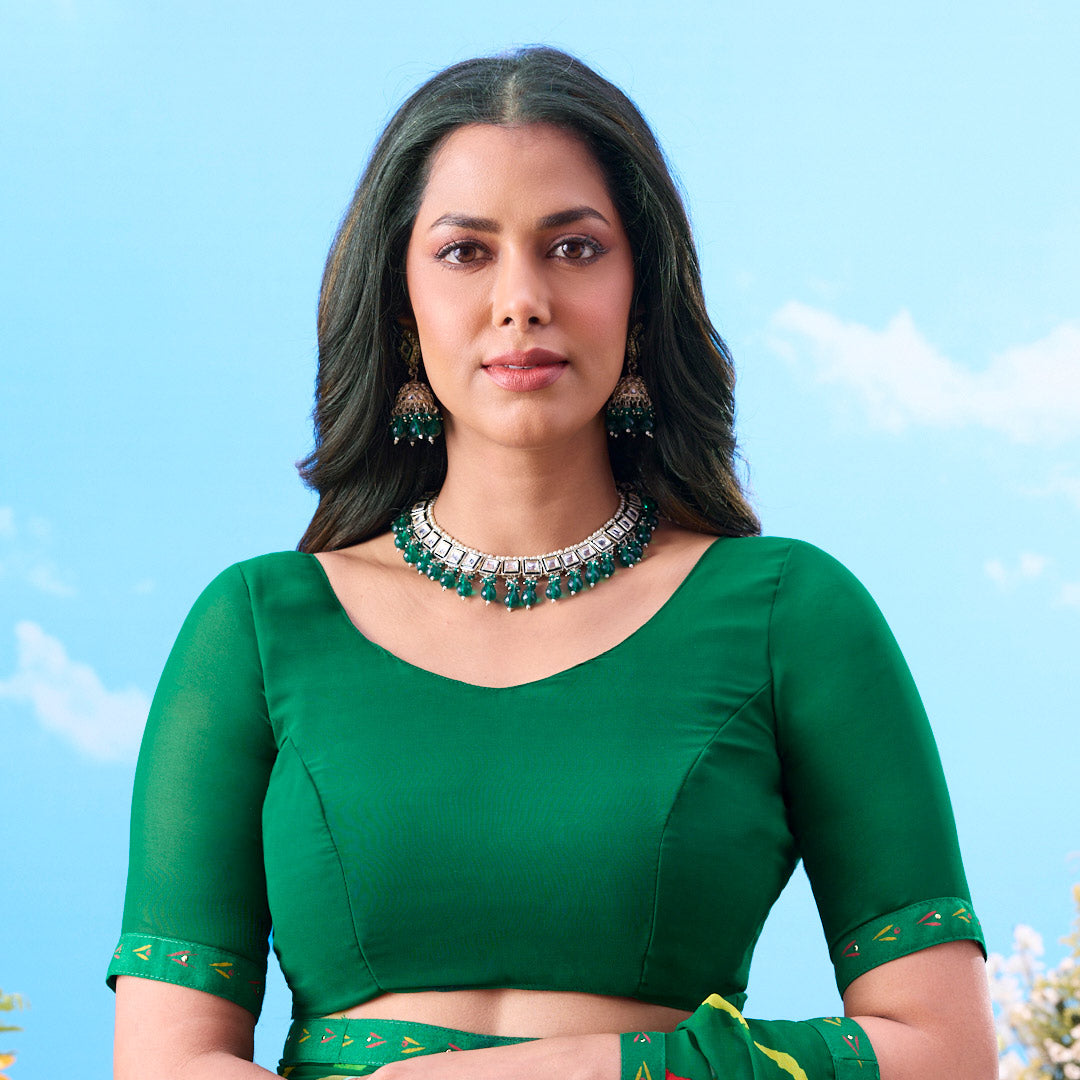 Green abstract striped georgette saree festive wear