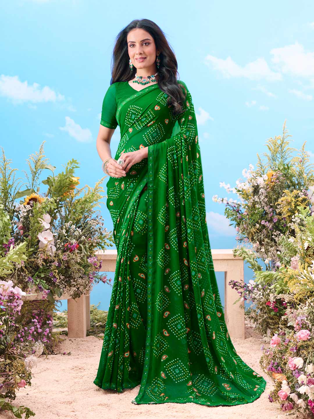 green bandhani printed cotton saree festive wear