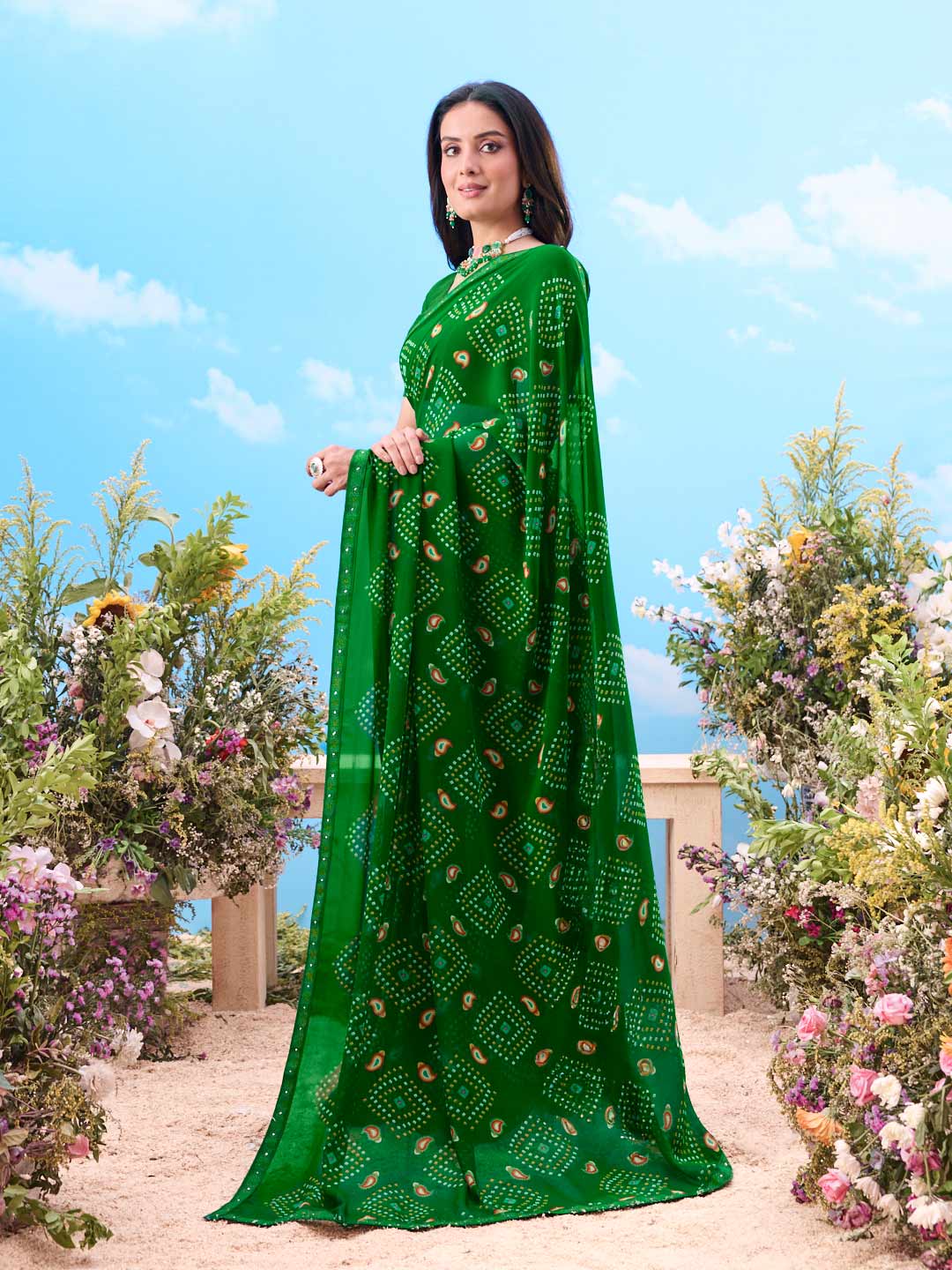  green bandhani printed cotton saree traditional wear