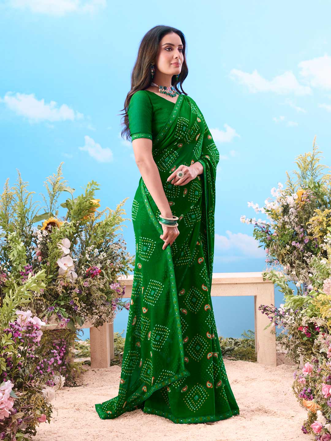green all-over bandhani printed cotton saree ethnic wear