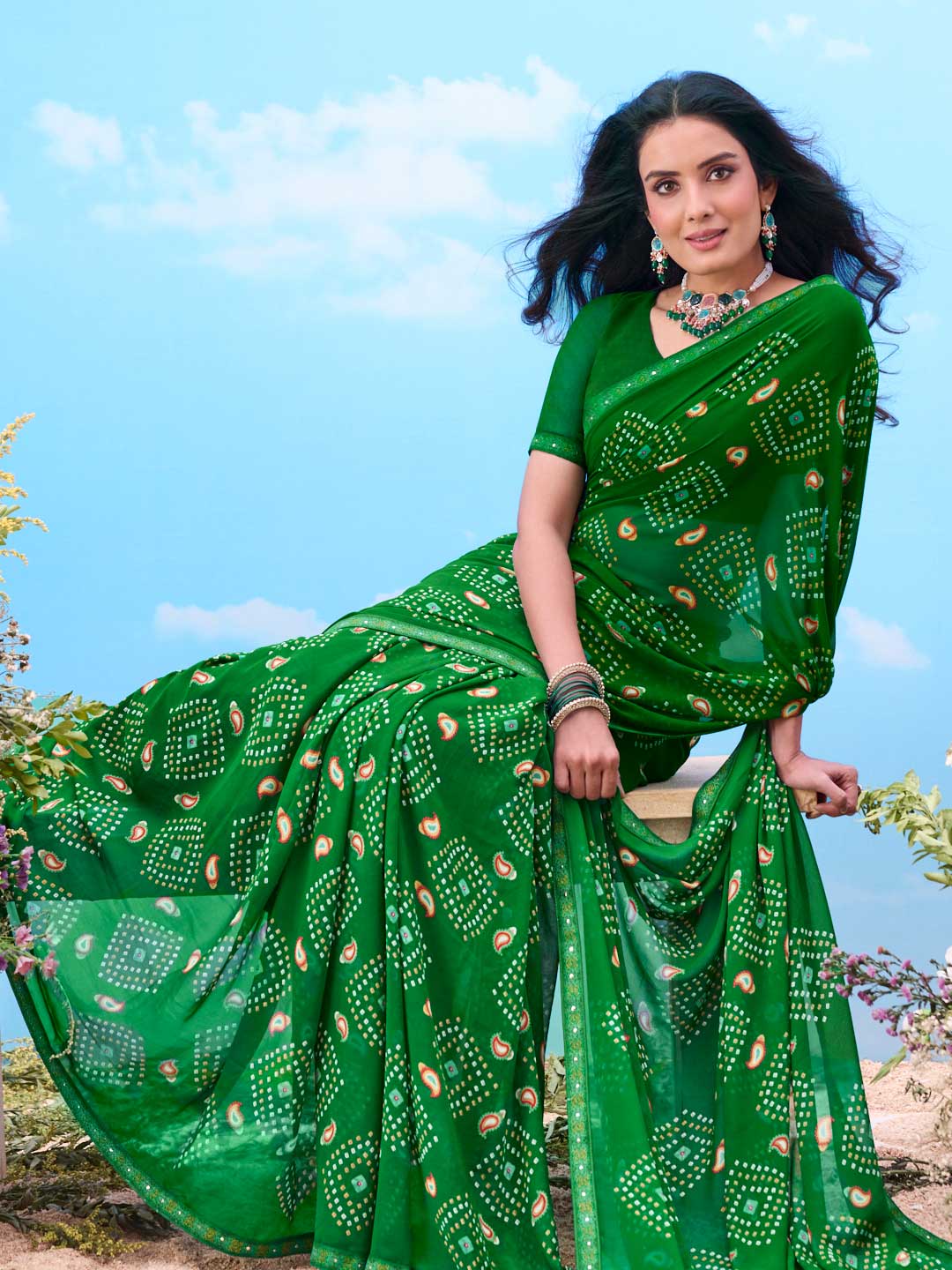  green bandhani printed cotton saree ethnic wear