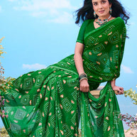  green bandhani printed cotton saree ethnic wear
