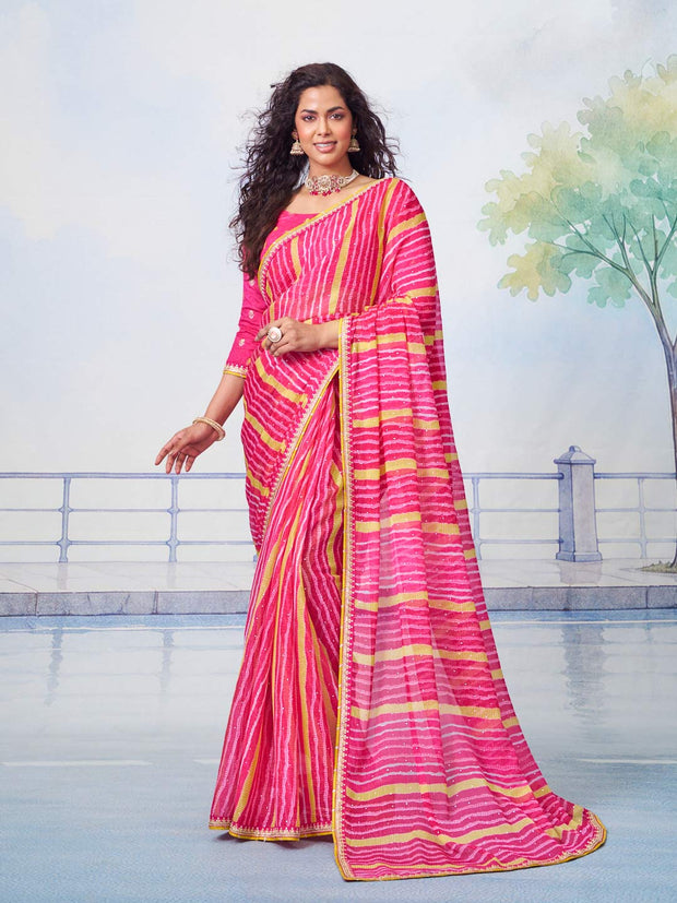 Pink leheriya chiffon saree festive wear