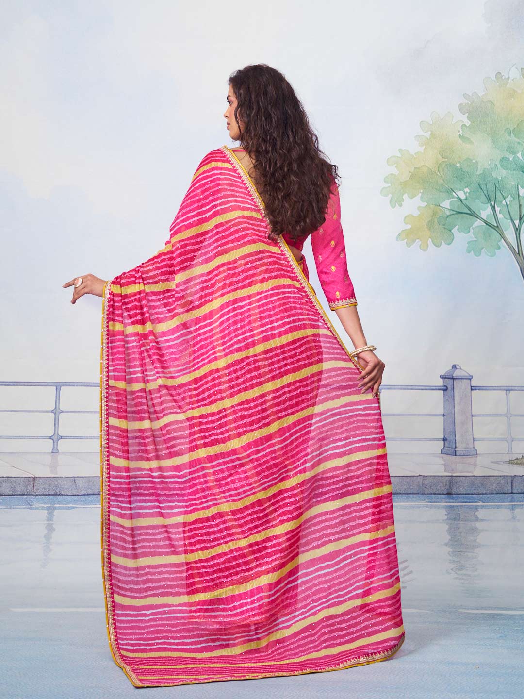 Pink embroidered border chiffon saree ethnic wear