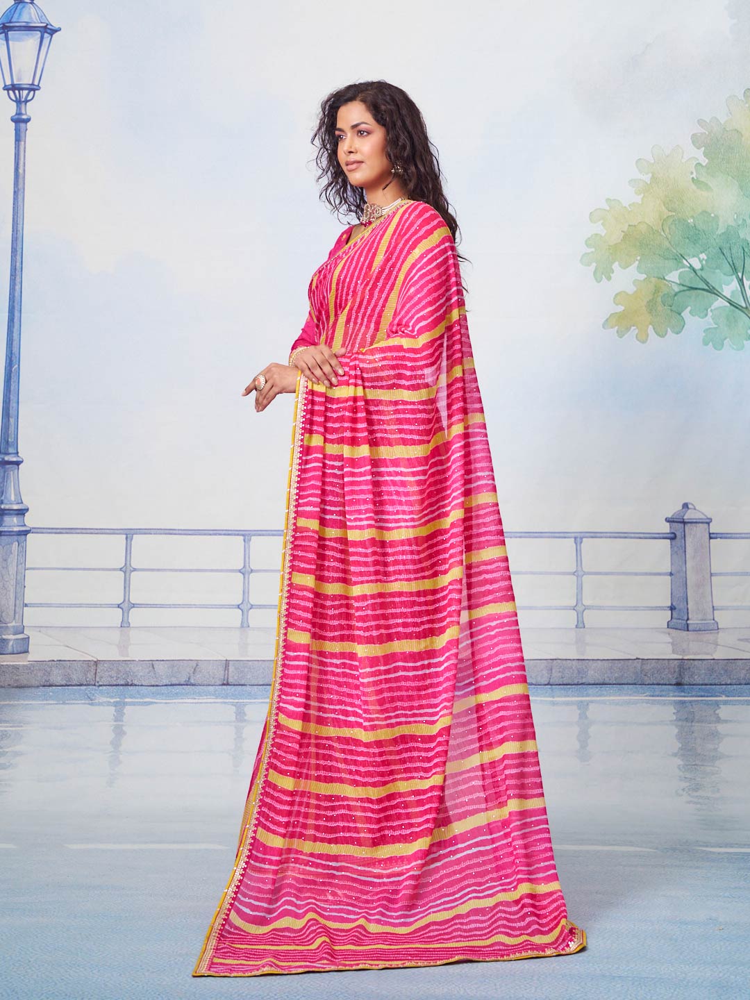 Pink embroidered border chiffon saree ethnic wear