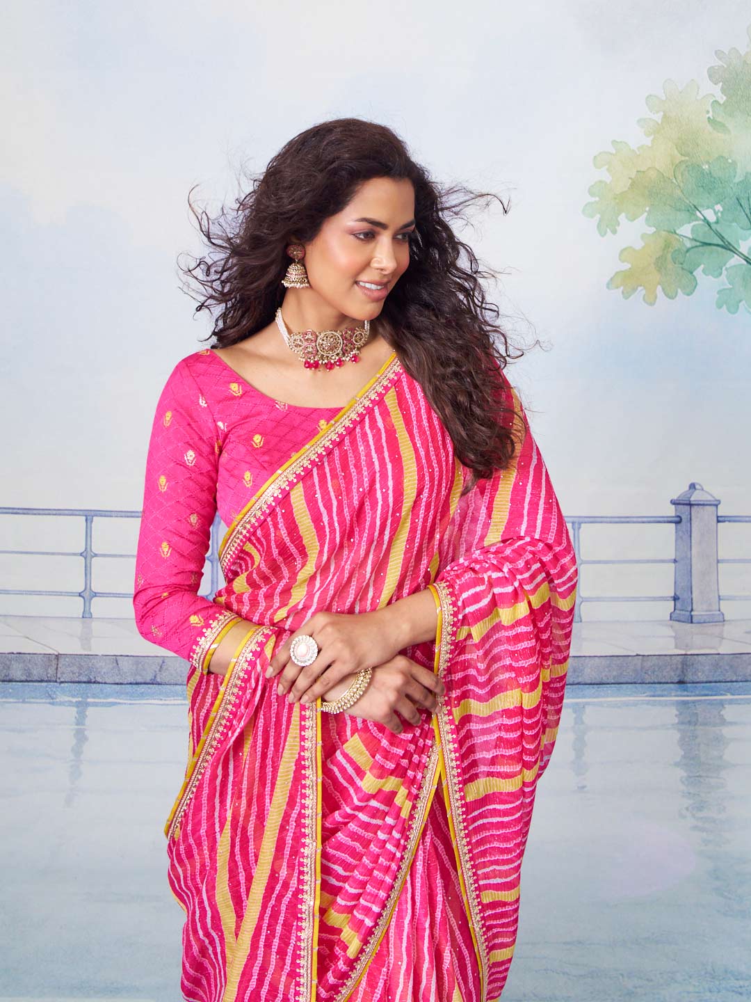 Pink sequin embellished chiffon saree party wear