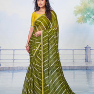 Olive Green diagonal striped with scattered sequence work chiffon saree party wear 