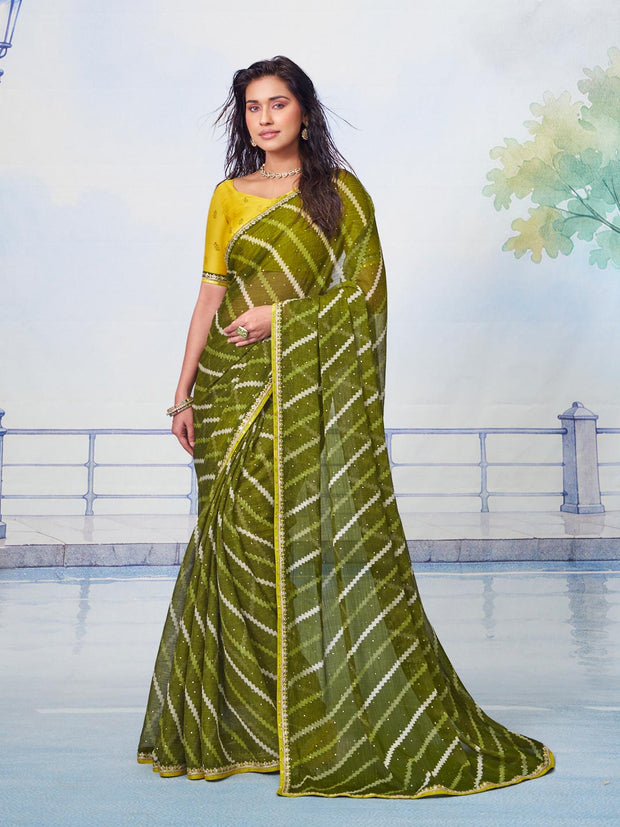 Olive Green diagonal striped with scattered sequence work chiffon saree party wear 