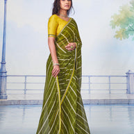 Olive Green white wavy diagonal stripes with thin yellow embroidered border chiffon saree daily wear