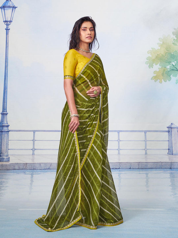 Olive Green white wavy diagonal stripes with thin yellow embroidered border chiffon saree daily wear
