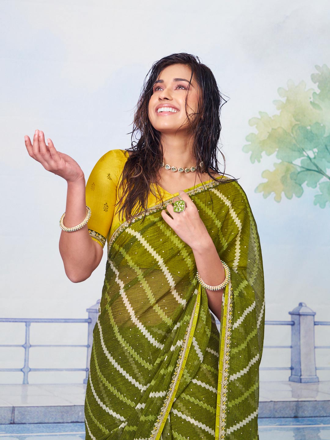 Olive Green diagonal stripe pattern with subtle gold-accented thin yellow border chiffon saree party wear