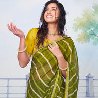 Olive Green diagonal stripe pattern with subtle gold-accented thin yellow border chiffon saree party wear