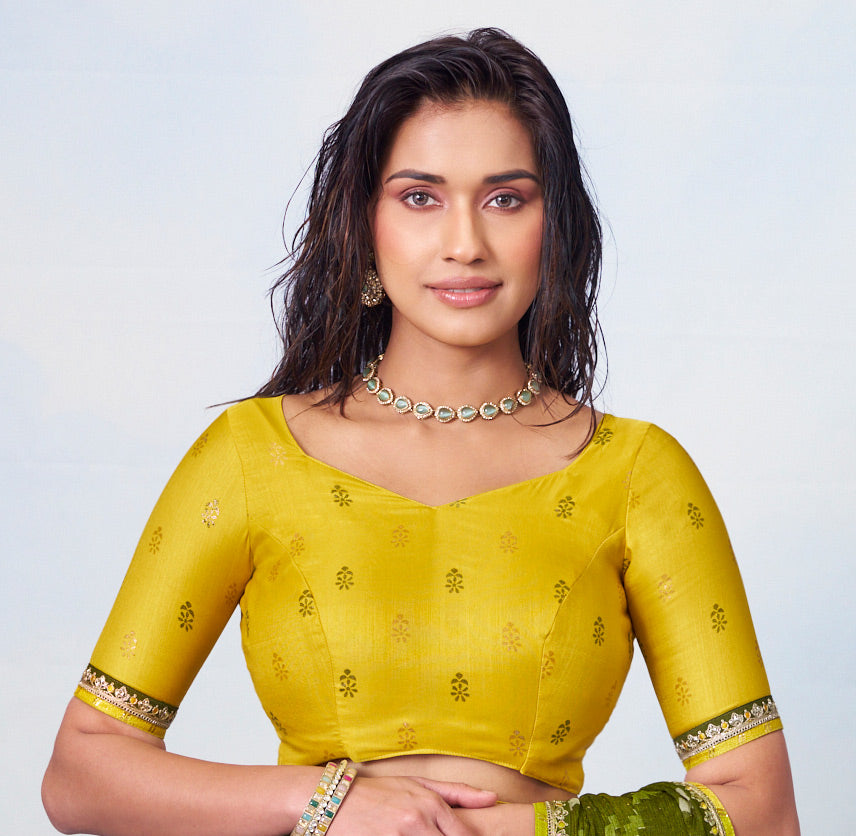 Olive Green diagonal stripes with thin yellow border and scattered embellishments chiffon saree festive wear 