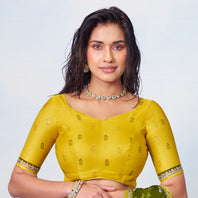 Olive Green diagonal stripes with thin yellow border and scattered embellishments chiffon saree festive wear 