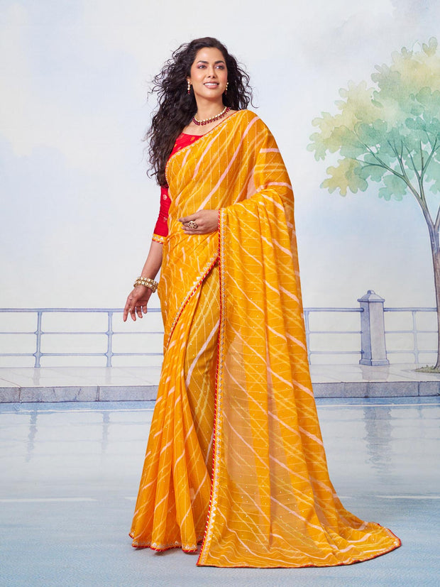 Orange diagonal stripes and sequin work chiffon saree party wear 