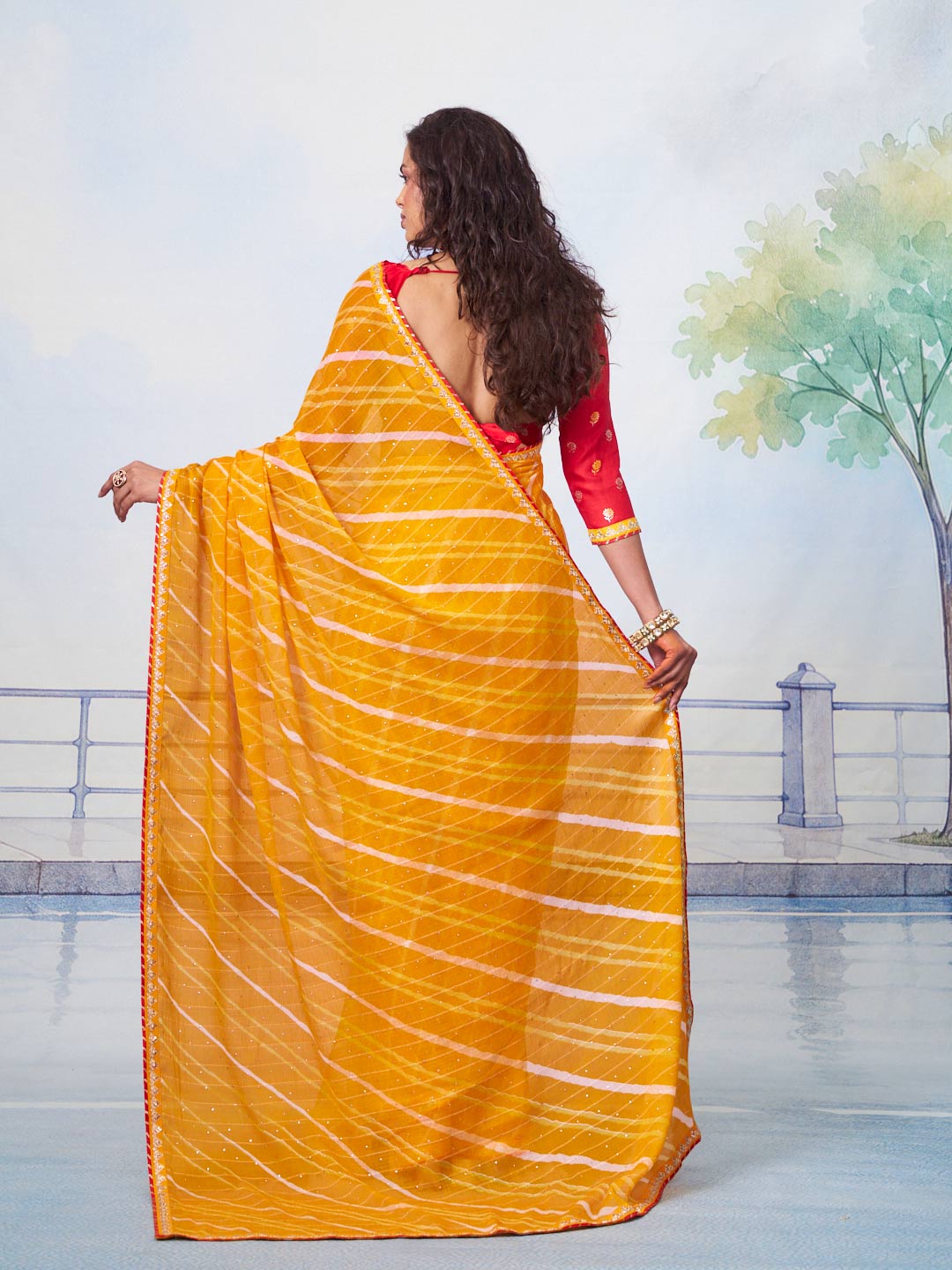 Orange stripe pattern with sequin work chiffon saree party wear