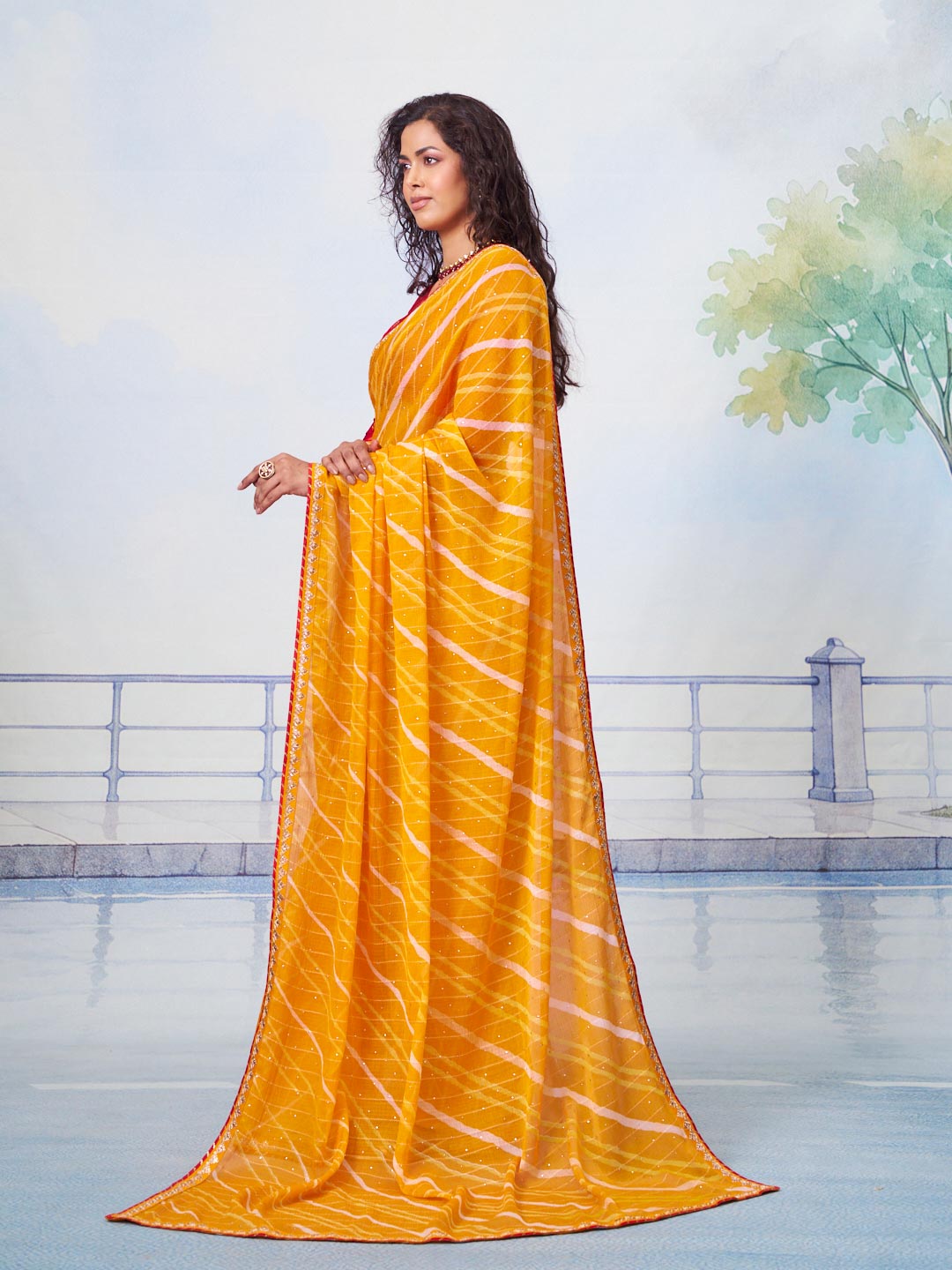 Orange white and gold striped pattern chiffon saree festive wear 