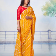 Orange leheriya with thin white stripes chiffon saree festive wear