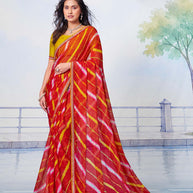 Red leheriya striped pattern with thin embellished border and scattered sequin work chiffon saree party wear 