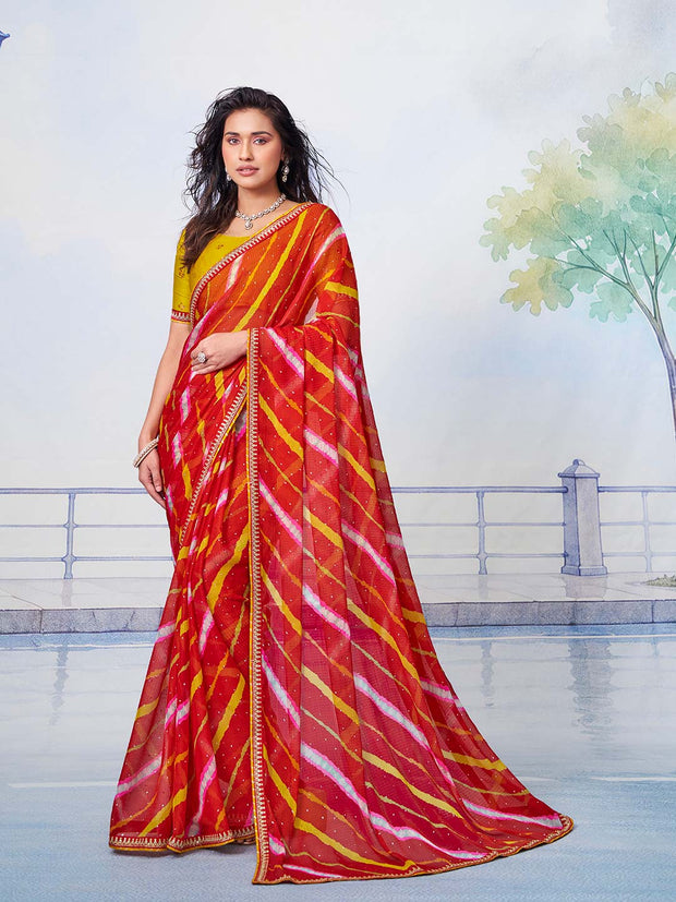 Red leheriya striped pattern with thin embellished border and scattered sequin work chiffon saree party wear 