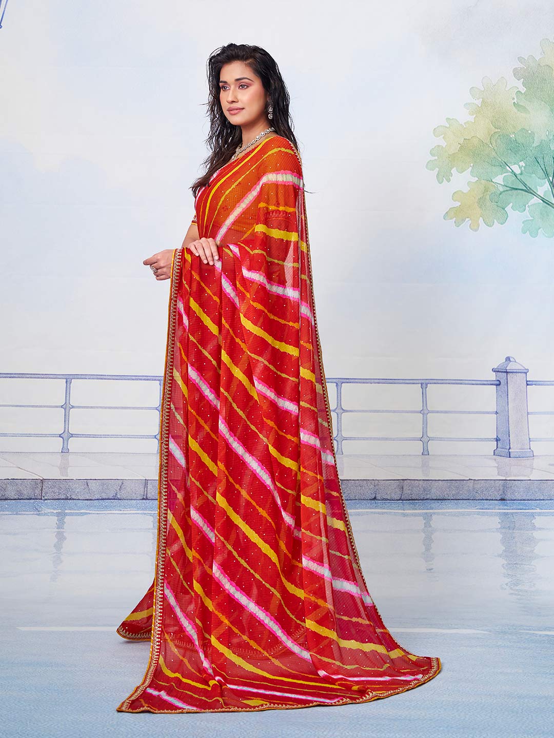 Red striped (yellow and pink) with small white dotted print and golden zigzag border chiffon saree party wear