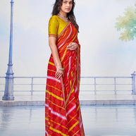  Red horizontally striped (yellow and white) body with thin golden embroidered border chiffon saree festive wear 