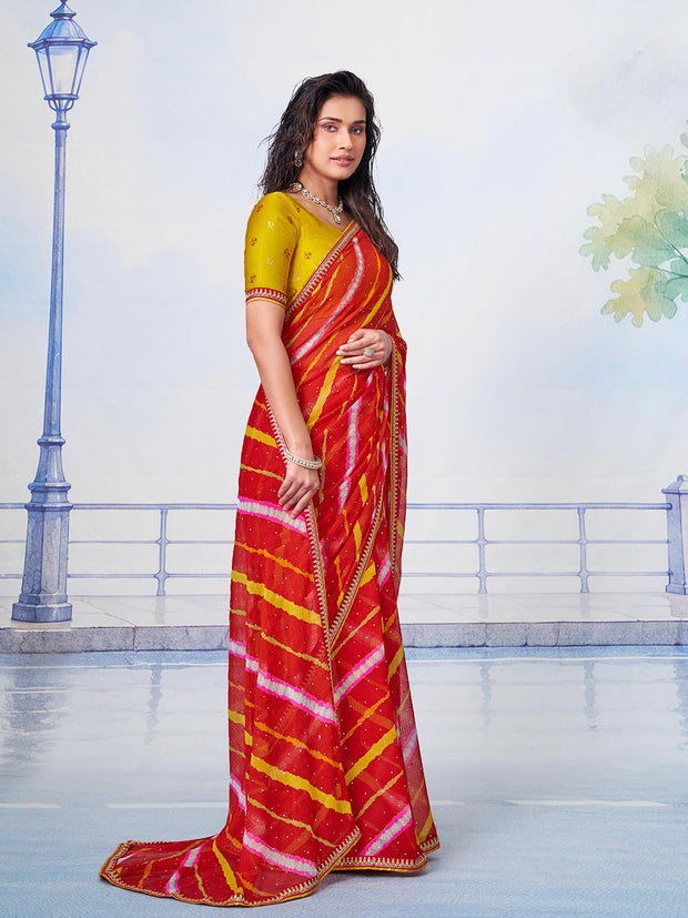  Red horizontally striped (yellow and white) body with thin golden embroidered border chiffon saree festive wear 