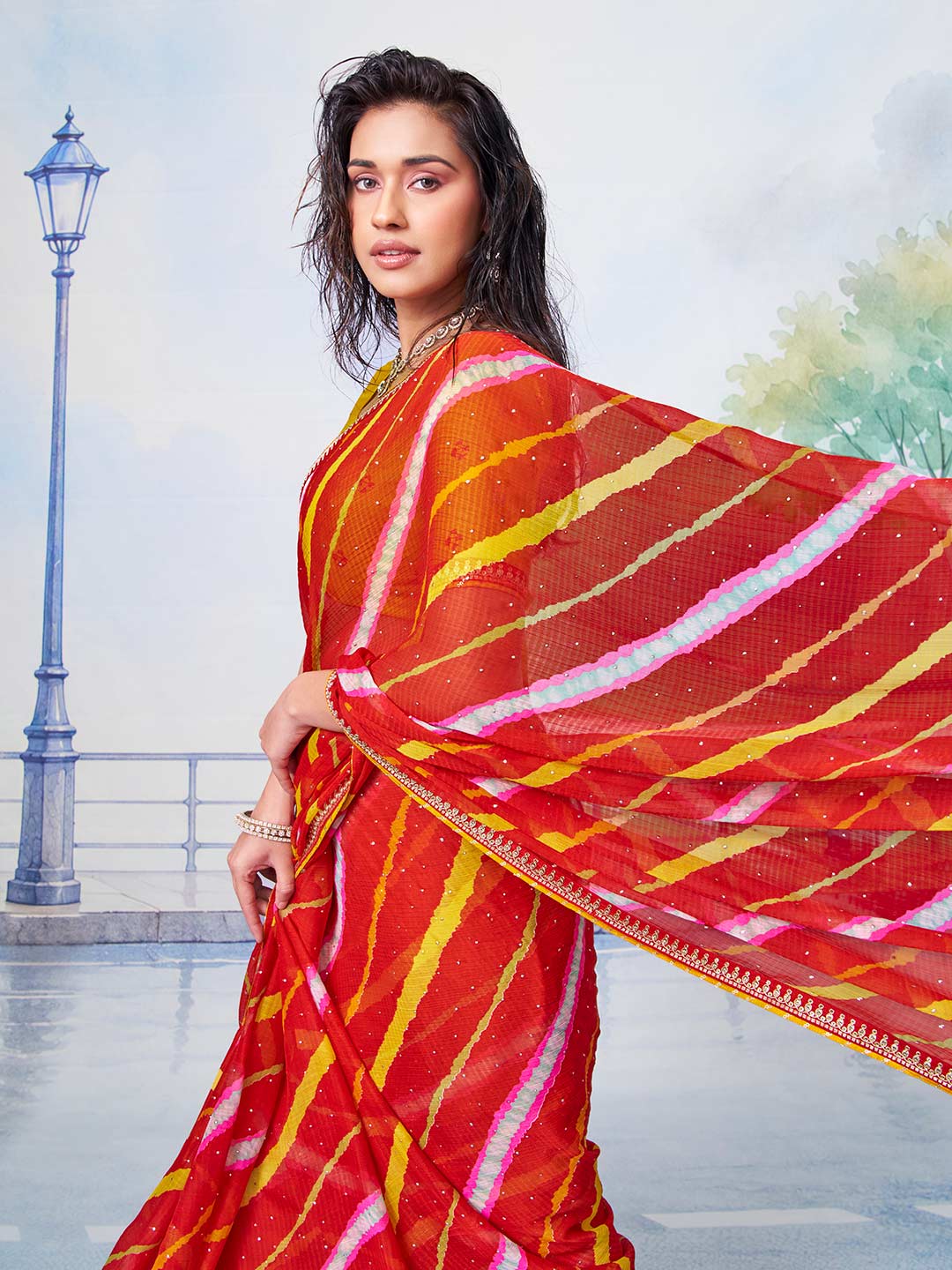 Red lahariya striped with intricate red and white embroidery, narrow yellow piping and scattered sequins chiffon saree festive wear 