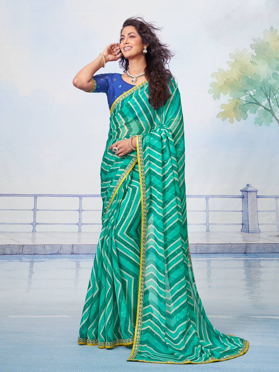 Blue white zigzag striped pattern with yellow zigzag border and scattered white dots chiffon saree daily wear 