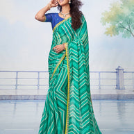 Blue white zigzag striped pattern with yellow zigzag border and scattered white dots chiffon saree daily wear 