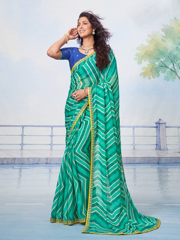 Blue white zigzag striped pattern with yellow zigzag border and scattered white dots chiffon saree daily wear 