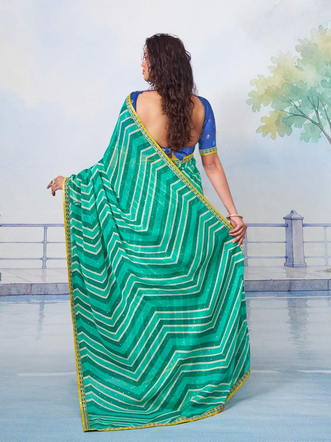 Blue white chevron stripes with sequined yellow border chiffon saree party wear
