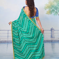 Blue white chevron stripes with sequined yellow border chiffon saree party wear
