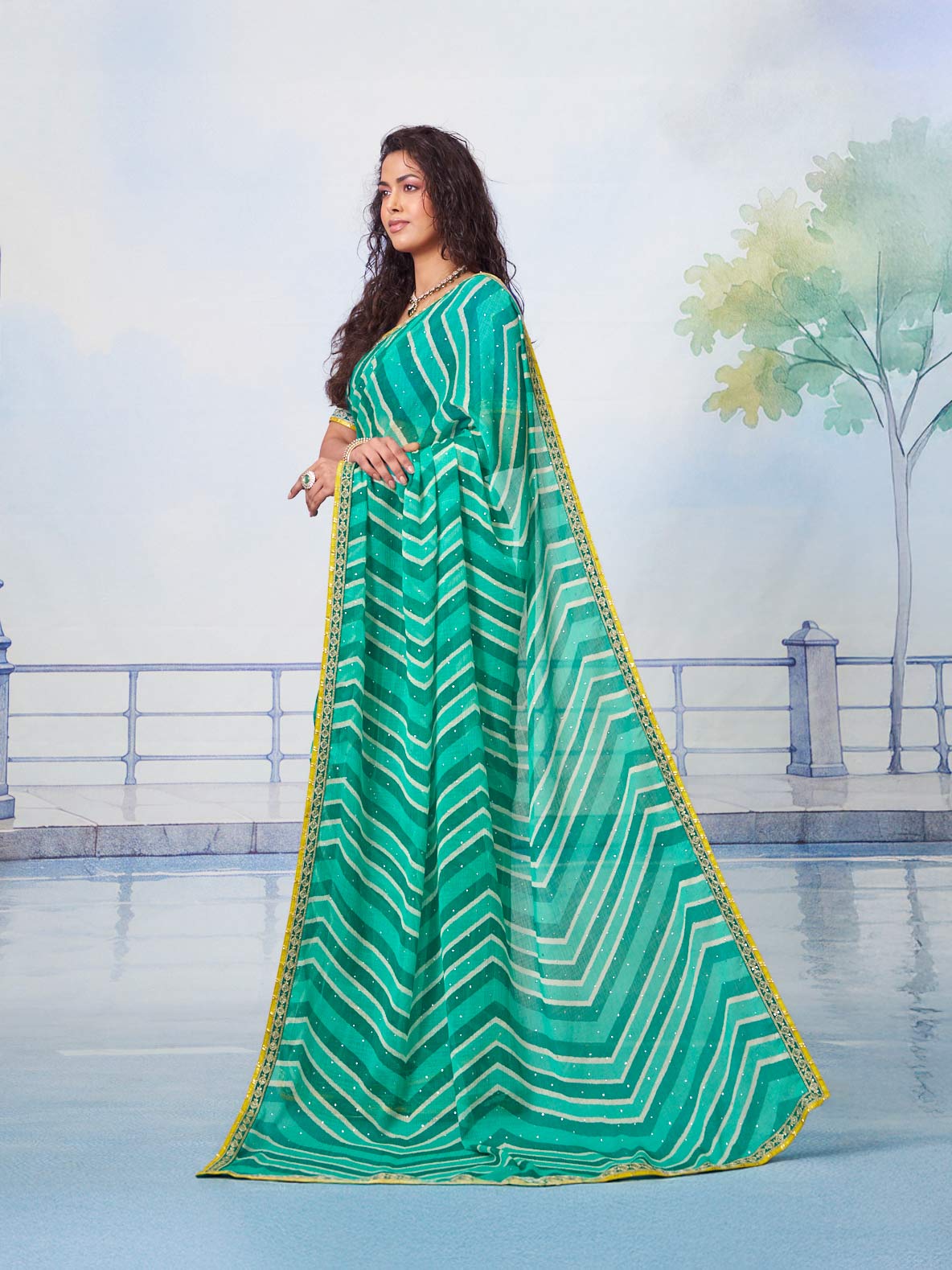 Blue white chevron stripes with yellow border and thin gold work chiffon saree festive wear