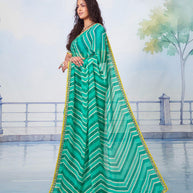 Blue white chevron stripes with yellow border and thin gold work chiffon saree festive wear