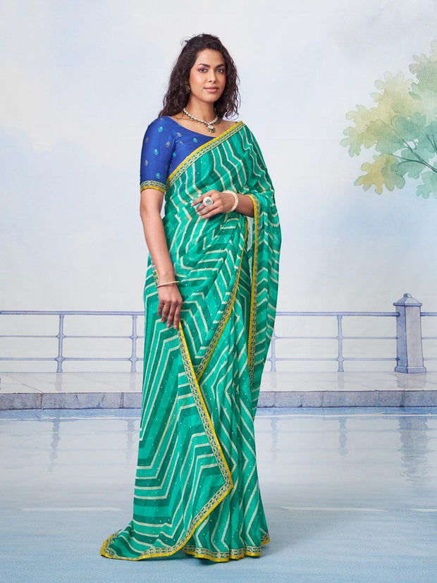 Blue white chevron stripes with scattered sequins and narrow yellow detailed border chiffon saree party wear
