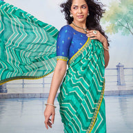 Blue green patterned body with yellow patterned border chiffon saree ethnic wear 