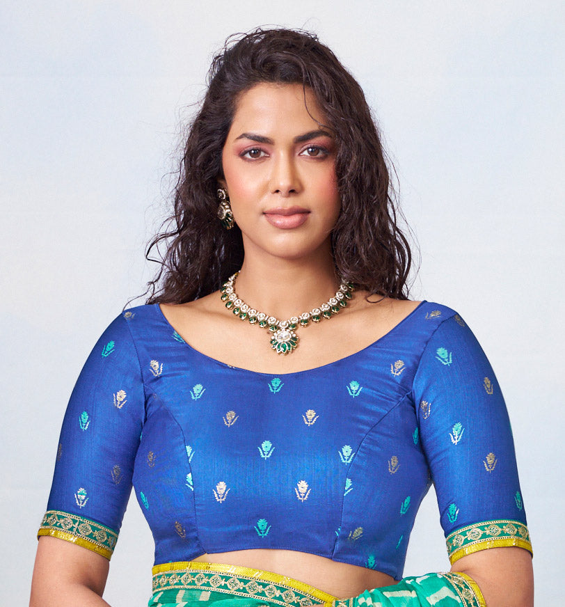 Blue white chevron stripes with sequined yellow border chiffon saree party wear