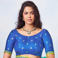 Blue white chevron stripes with sequined yellow border chiffon saree party wear