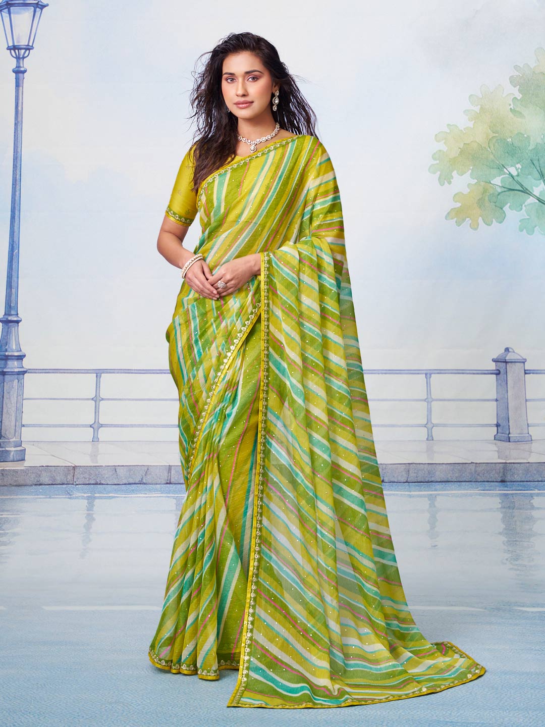 Green and yellow striped with scattered sequins chiffon saree party wear